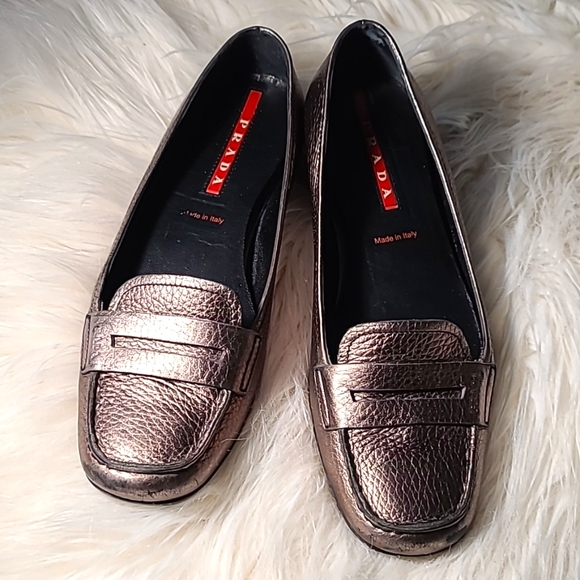 Prada Shoes - Prada Loafers Silver Metallic Leather Classic Slip On Flats Size 8